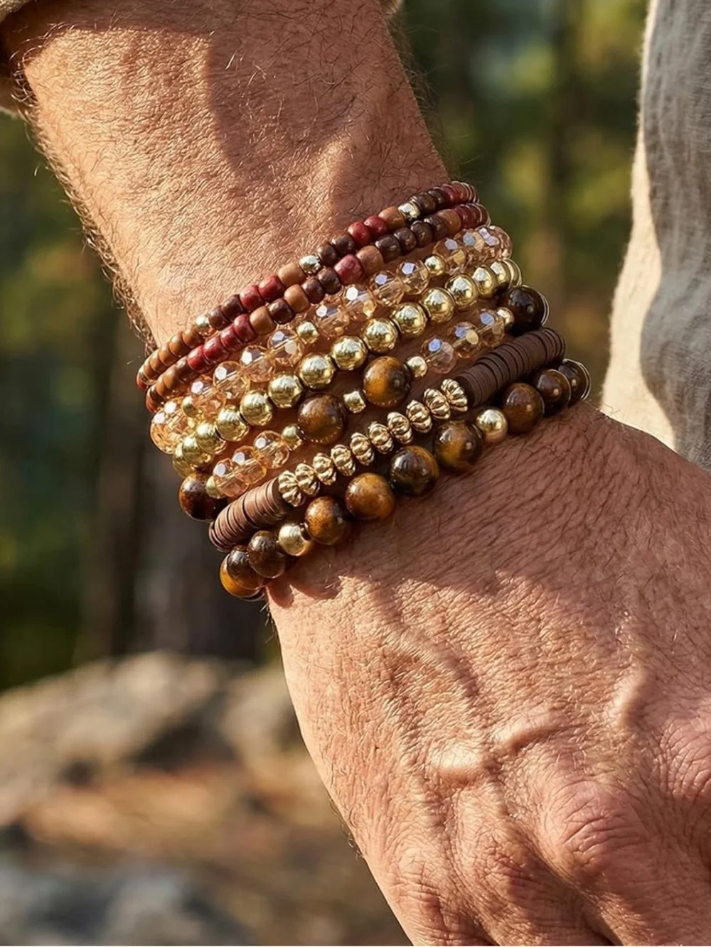 Anthropologie Brown, Gold & Amber Stackable Beaded Bracelet Set